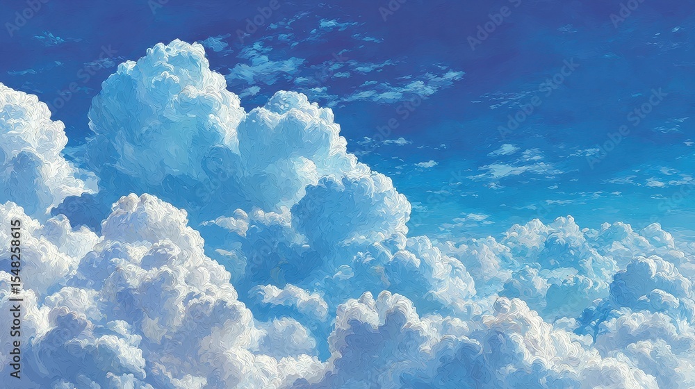 Poster pastel dreamy cumulus clouds float in a bright blue sky, painted with textured impressionistic brush