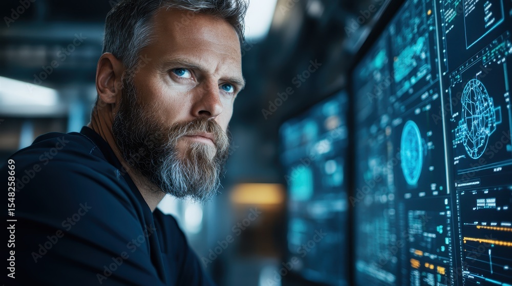 Poster a serious man intently analyzes data projections on multiple screens, showcasing the significance of