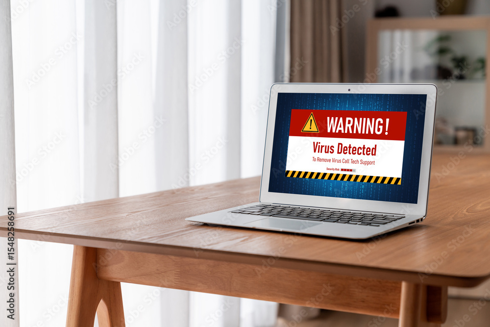 Poster virus warning alert on computer screen detected modish cyber threat , hacker, computer virus and mal
