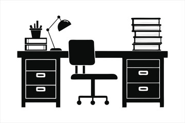 Office Desk with Drawers and Chair Silhouette - Workspace Silhouette Vector