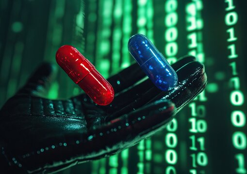 Hand holding pills against a digital backdrop