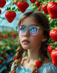 A young girl stands amidst vibrant strawberry plants in a greenhouse. She wears stylish glasses reflecting digital screens and looks thoughtfully into the distance, absorbed in the lush surroundings.