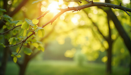 Obraz premium Sunlit Tree Branch with Green Leaves Glowing in Spring Forest