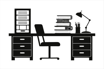 Office Desk with Drawers and Chair Silhouette - Workspace Silhouette Vector