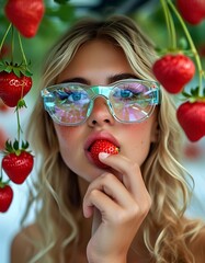 A young woman with wavy hair holds a strawberry close to her mouth, surrounded by hanging strawberries in a lush field. Bright sunlight highlights her playful expression and vibrant glasses.