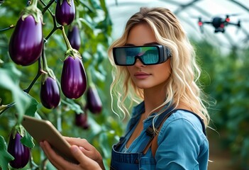 A woman wearing augmented reality glasses inspects eggplants in a greenhouse while using a tablet. A drone flies above, indicating advanced farming methods in action.