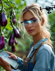 Technology meets agriculture as a woman observes eggplants in a greenhouse with a drone nearby