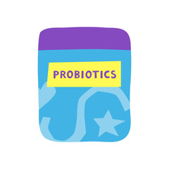 Hand drawn flat probiotics supplement in plastic bottle isolated on white background. Healthy intestinal microflora.