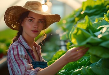 A woman in a plaid shirt and straw hat carefully picks vibrant green lettuce in a well-lit greenhouse. The early morning sun casts a warm glow on the plants.