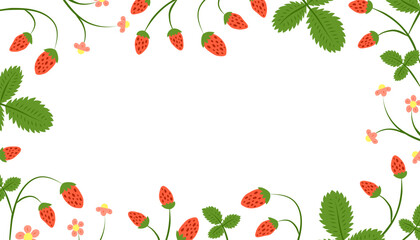 Horizontal background with hand drawn colorful wild strawberries, leaves and flowers on white. Empty space for text. Fresh summer backdrop.