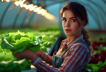 Young woman harvests fresh lettuce in a greenhouse during early morning hours while wearing a straw hat and gloves