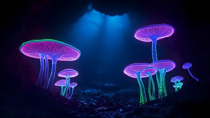 Vibrant mushrooms emit soft neon light within a dark cave, casting colorful reflections in the surrounding water and creating a magical ambiance.