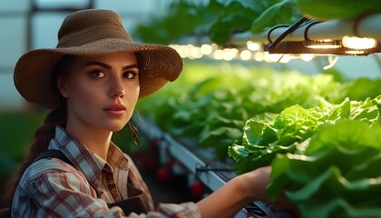 Young woman harvests fresh lettuce in a greenhouse during early morning hours while wearing a straw hat and gloves