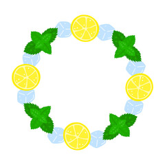 Round frame with mint leaves, ice cubes and lemon slices. Summer frame with fresh ingredients and empty space for text.