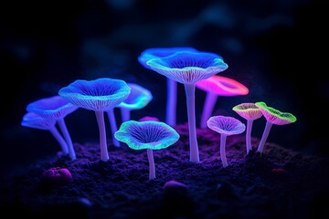 Glowing mushrooms illuminate a subterranean cave in vivid colors creating an enchanting atmosphere