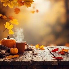 Cozy autumn arrangement with pumpkin, tea, and colorful leaves on wooden table