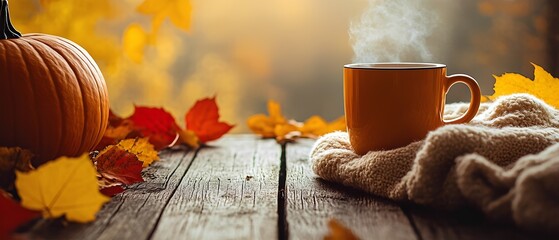 A cozy setup features two pumpkins and a steaming cup on a weathered wooden table. Bright autumn leaves scatter around, and golden sunlight bathes the scene in warmth.