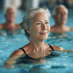 Fototapeta premium Elderly caucasian woman enjoying swimming in indoor pool with friends
