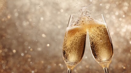 Two champagne glasses gently clinking mid-air with golden bubbles rising and soft bokeh background