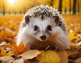 Fototapeta premium hedgehog in autumn park, A cute hedgehog sits in autumn leaves against the backdrop of a beautiful autumn landscape. Banner, place for text