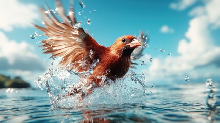 A stunning shot of a vivid bird splashing in water against a bright blue sky, capturing the beauty of nature and the dynamic movement of wildlife.