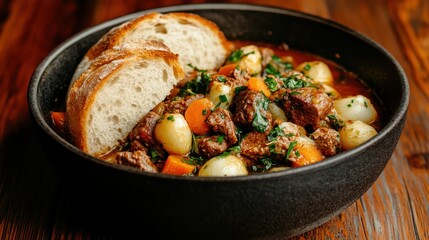 A hearty bowl of delicious stew with vibrant vegetables and tender meat served with a slice of fresh crusty bread, perfect for warming the soul and delighting the palate.