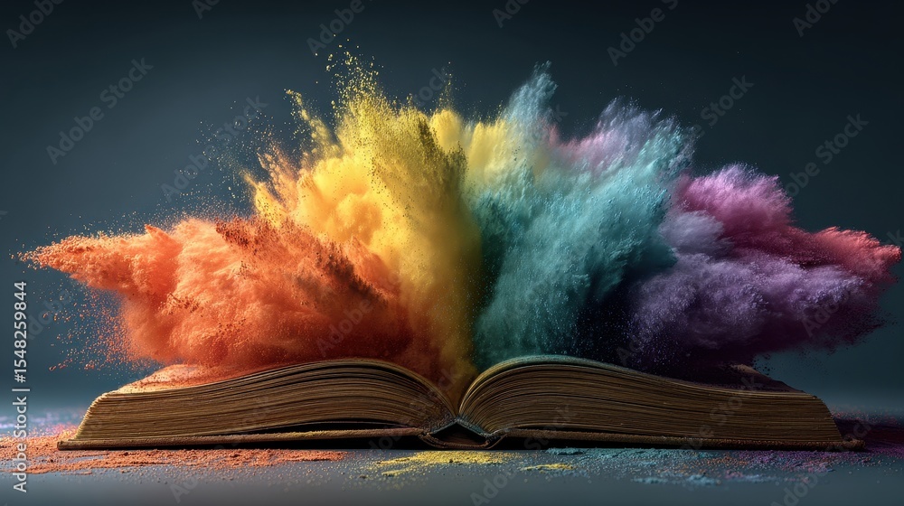 Poster Open book explodes with vibrant colors, a rainbow eruption bursting forth from pages with a dark background, representing creativity and knowledge