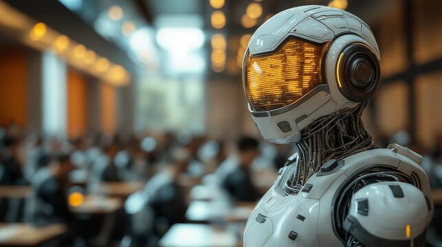 Futuristic humanoid robot analyzing data on a high-tech digital interface.