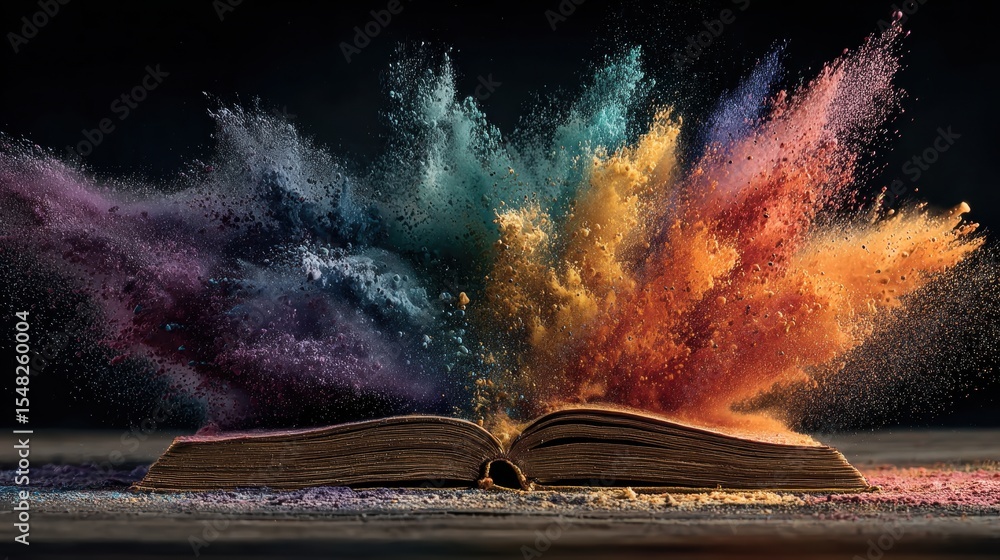 Poster Open book explodes with vibrant colors, a rainbow eruption bursting forth from pages with a dark background, representing creativity and knowledge