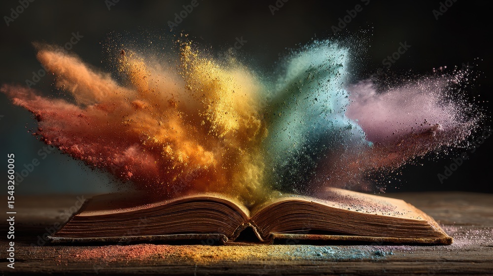 Poster Open book explodes with vibrant colors, a rainbow eruption bursting forth from pages with a dark background, representing creativity and knowledge