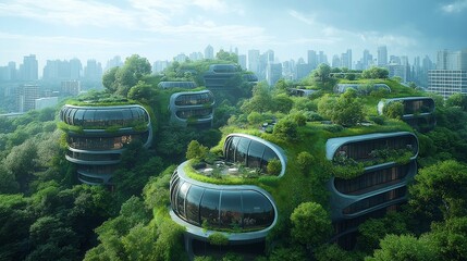 Green sustainable city with futuristic buildings integrated into forest landscape.