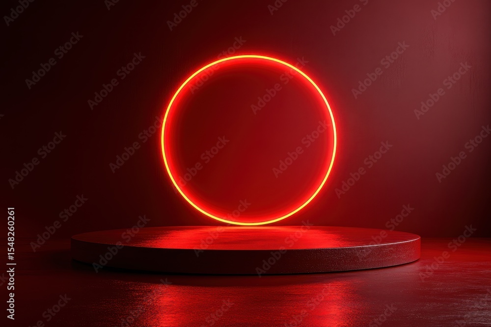 Poster bright red neon circle glows on an elevated platform in a dark space, highlighting modern design and