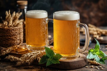 Celebrate National Beer Day with refreshing craft beers served in frosty mugs among barley and mint, creating a festive atmosphere for beer enthusiasts worldwide
