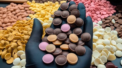 Decadence in every detail&mdash;vibrant chocolate candies rest in a black-gloved hand, surrounded by pink and white chips, with rich dark chocolate at the forefront. A feast for the eyes.