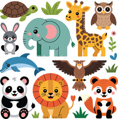 Fototapeta premium Cute Cartoon Animals Set Vector Illustration Sticker Sheet Gray Rabbit Teal Elephant Orange Giraffe Brown Owl