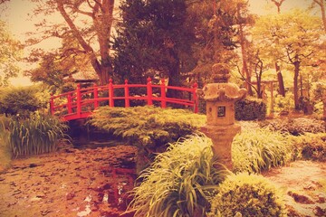 Traditional Japanese garden landscape with lantern and bridge. Old photograph.
