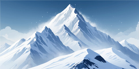 Snow-covered mountain peaks create a breathtaking winter landscape with a high sky view of nature's icy beauty