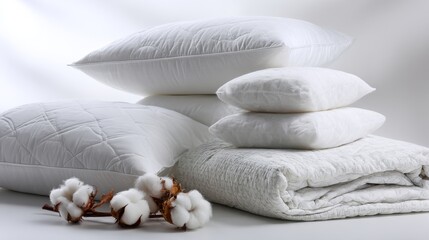 White pillows and blanket arrangement with cotton flowers on a white background