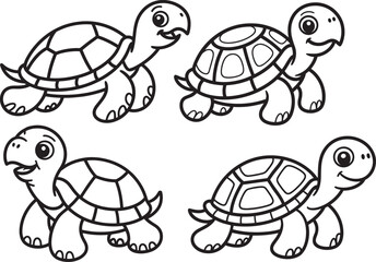 Four Cartoon Turtles Line Art Black Outlines Cute Animals Shell Reptiles Wildlife Illustration tortoises