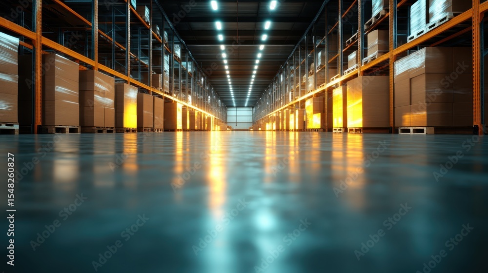 Aufkleber a vast warehouse space showcasing neatly stacked pallets, illuminated by warm lighting, creating a s