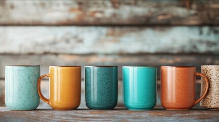 This artistic image showcases a row of ceramic coffee mugs in varied colors, highlighting the beauty of craftsmanship and the joy of enjoying a warm beverage.