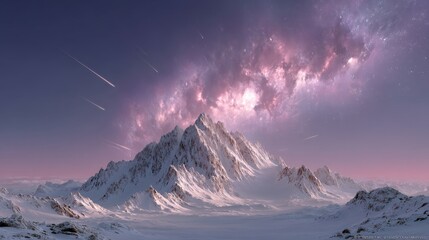 Majestic snow-covered mountain under starry night sky with meteor shower and milky way
