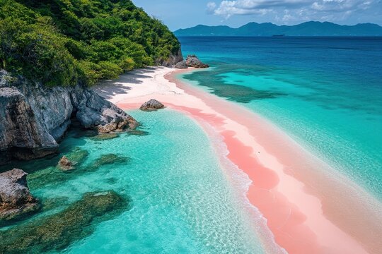 Explore the stunning pink sand beach on Budelli Island surrounded by crystal clear turquoise waters and lush green hills under a bright blue sky