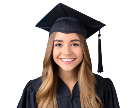Portrait of a smiling young female college student wearing square academic cap and holding book on a transparent background