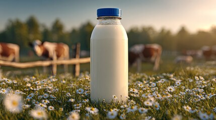 Milk bottle in pasture with daisies and grazing cows at sunrise