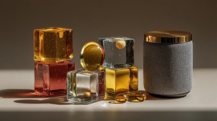 Assorted clear jars with golden lids holding colorful candy and a golden speaker set against a solid pink backdrop, showcasing diverse textures