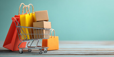 Mini shopping cart filled with small paper bags and boxes on wooden surface, against teal background, showcasing online shopping or retail concept