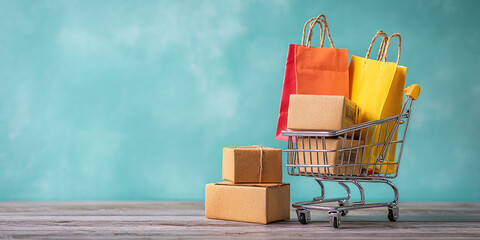 Shopping cart with colorful paper bags and cardboard boxes on wooden surface against turquoise background, showcasing online shopping and delivery concept