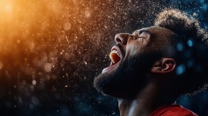 An athlete in an intense moment of celebration, expressing raw emotions amidst a backdrop of rain and dynamic light, symbolizes triumph and dedication in sports.