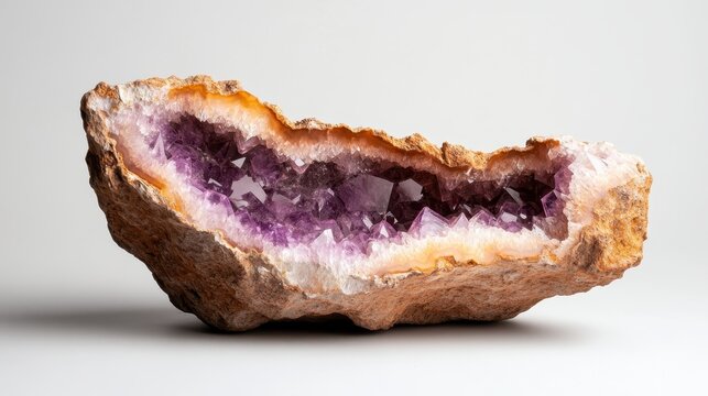 A striking amethyst crystal geode displaying its beautiful internal facets and colors, representing the allure of nature's geological artistry and mineral beauty. - Powered by Adobe